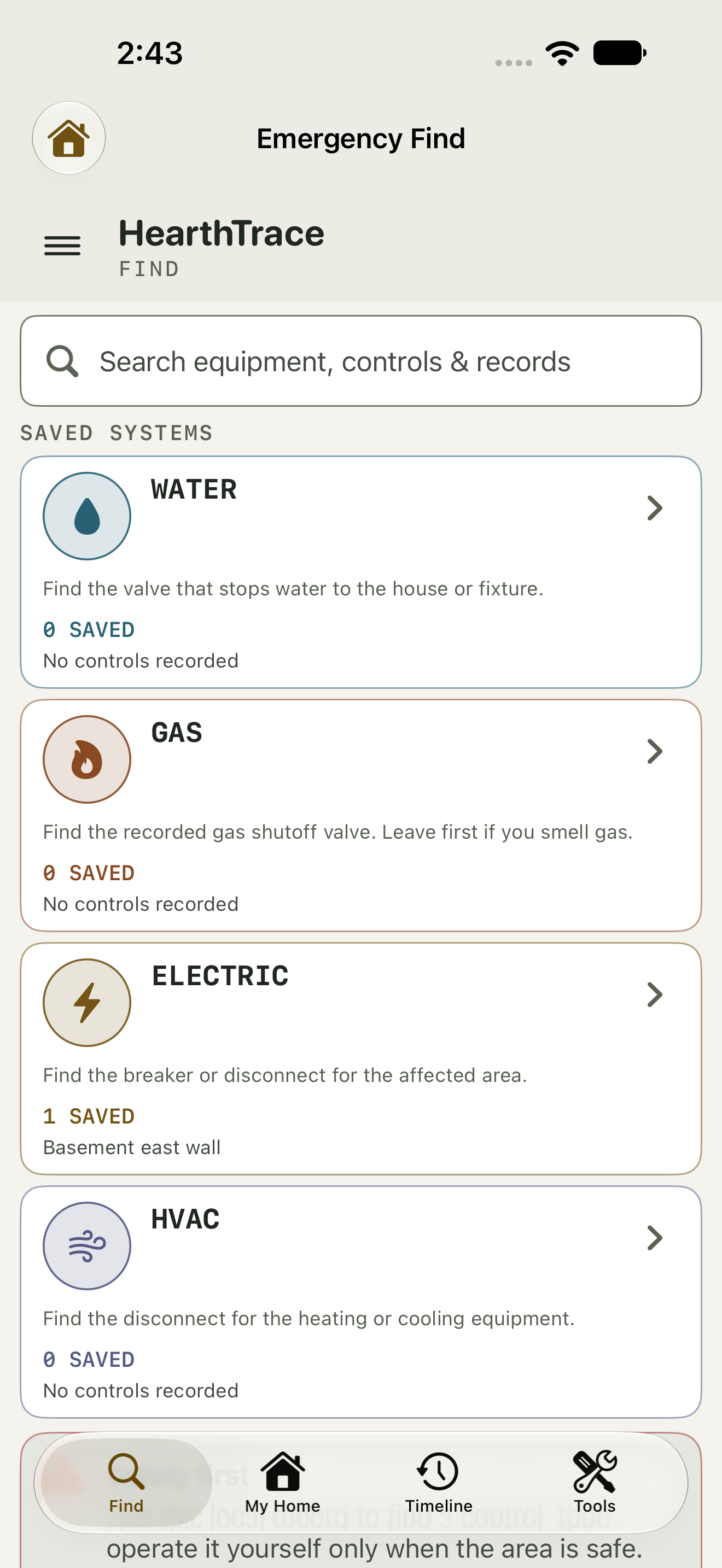 HearthTrace on iPhone showing the Water, Gas, Electric, and HVAC directory, with one saved electric control.