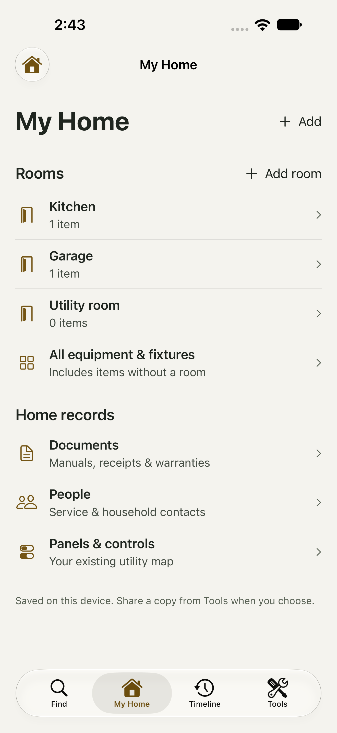 HearthTrace My Home screen on iPhone with rooms, equipment, documents, and people.