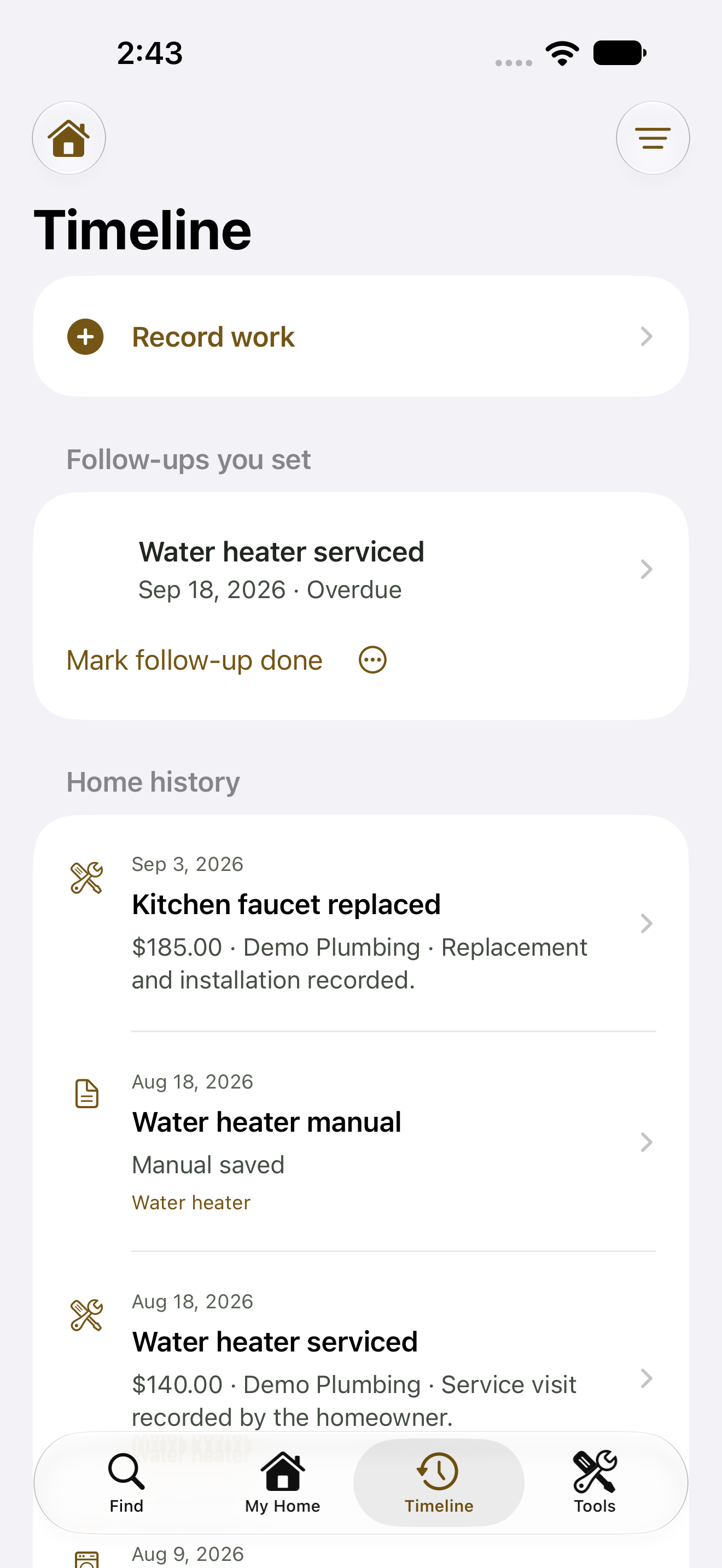 HearthTrace Timeline on iPhone showing recorded service work and follow-ups for an example home.